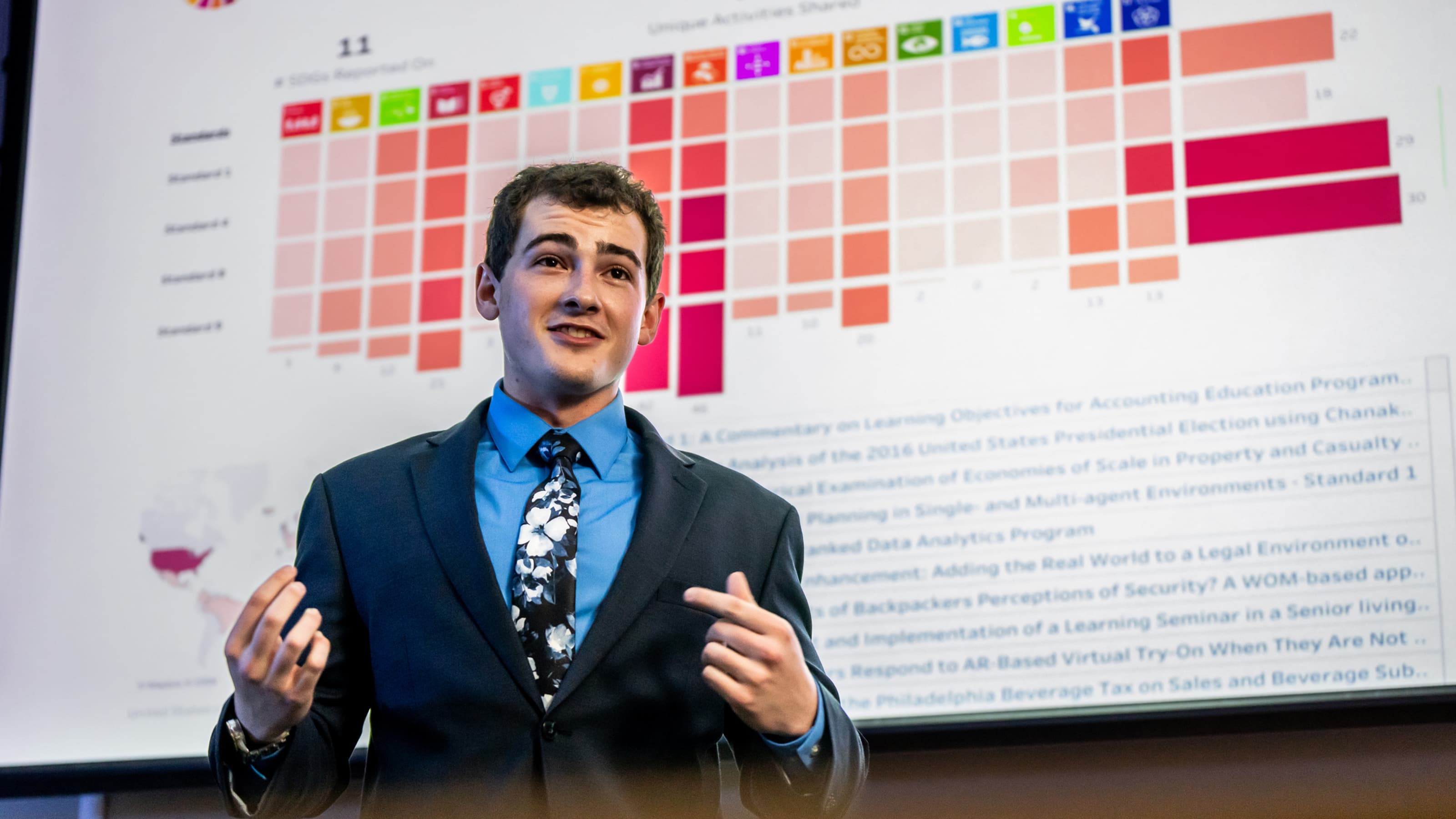Dylan Flynn presenting research in front of an analytics visualization